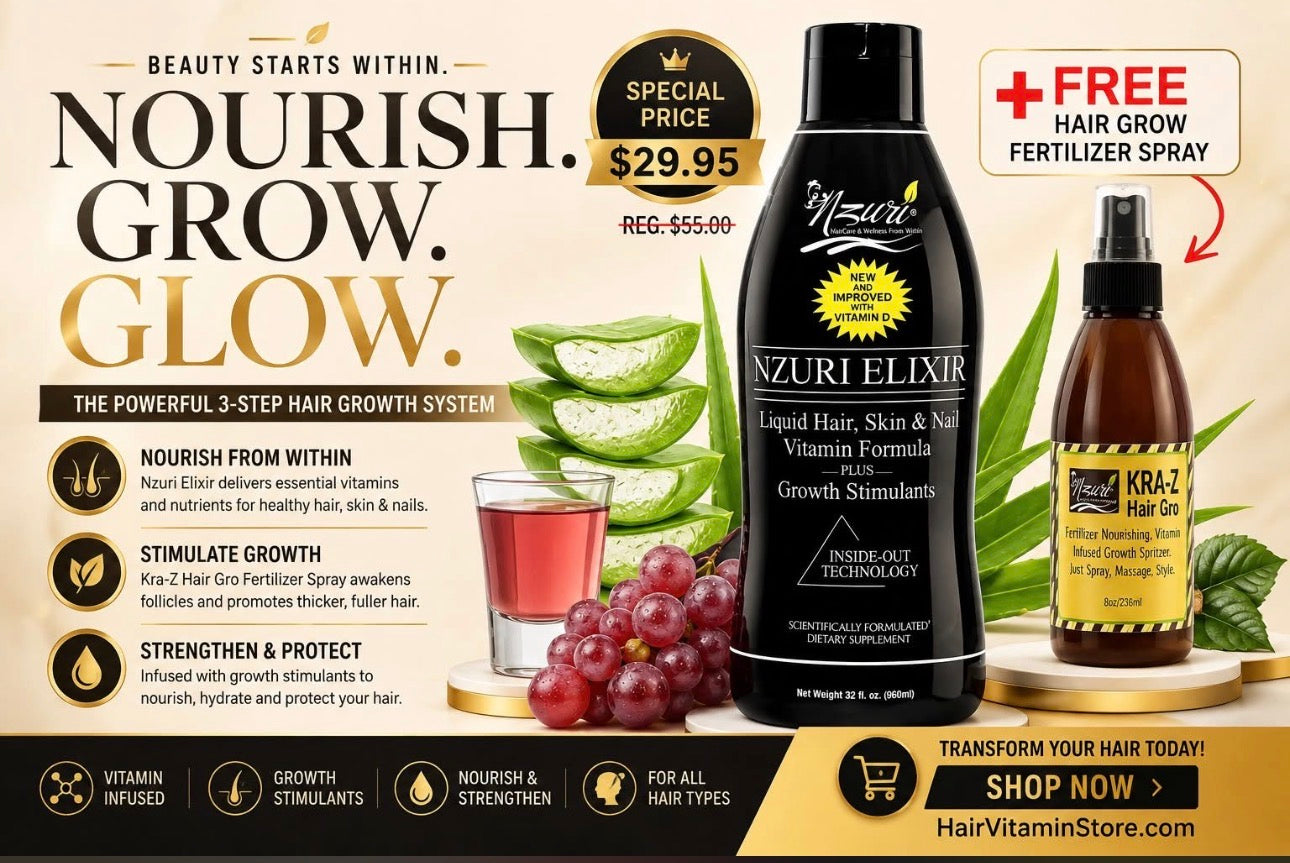Nzuri Elixir - Liquid Hair Vitamin Plus Growth Stimulants with Vitamin  D - 32Oz + FREE Kra-z Hair Gro Fertilizer Nourishing, Vitamin infused Growth Spritzer 8oz