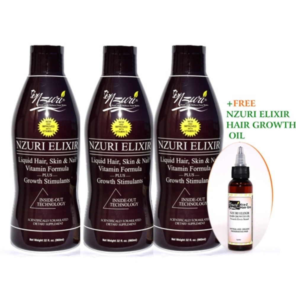 Nzuri Elixir - Liquid Hair Skin & Nail Vitamin Plus Growth Stimulants with Vitamin D-3 Bottles 32 Oz + Nzuri Elixir oil (Free)