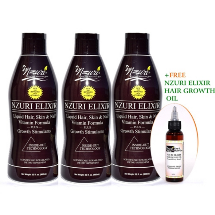 Nzuri Elixir - Liquid Hair Skin & Nail Vitamin Plus Growth Stimulants with Vitamin D-3 Bottles 32 Oz + Nzuri Elixir oil (Free)