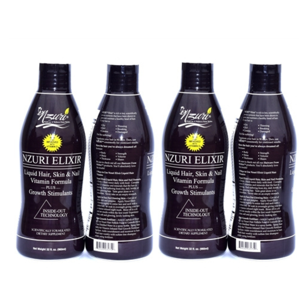 Nzuri Elixir - Liquid Hair Skin & Nail Vitamin Plus Growth Stimulants with Vitamin  D - 4 Bottles 32 Oz