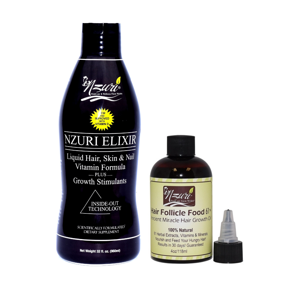 Nzuri Elixir Liquid Hair Vitamin Plus Growth Stimulants with Vitamin D 32Oz+Nzuri Hair Follicle Food 61- Ancient Miracle Hair Growth Oil 4oz Combo Pack