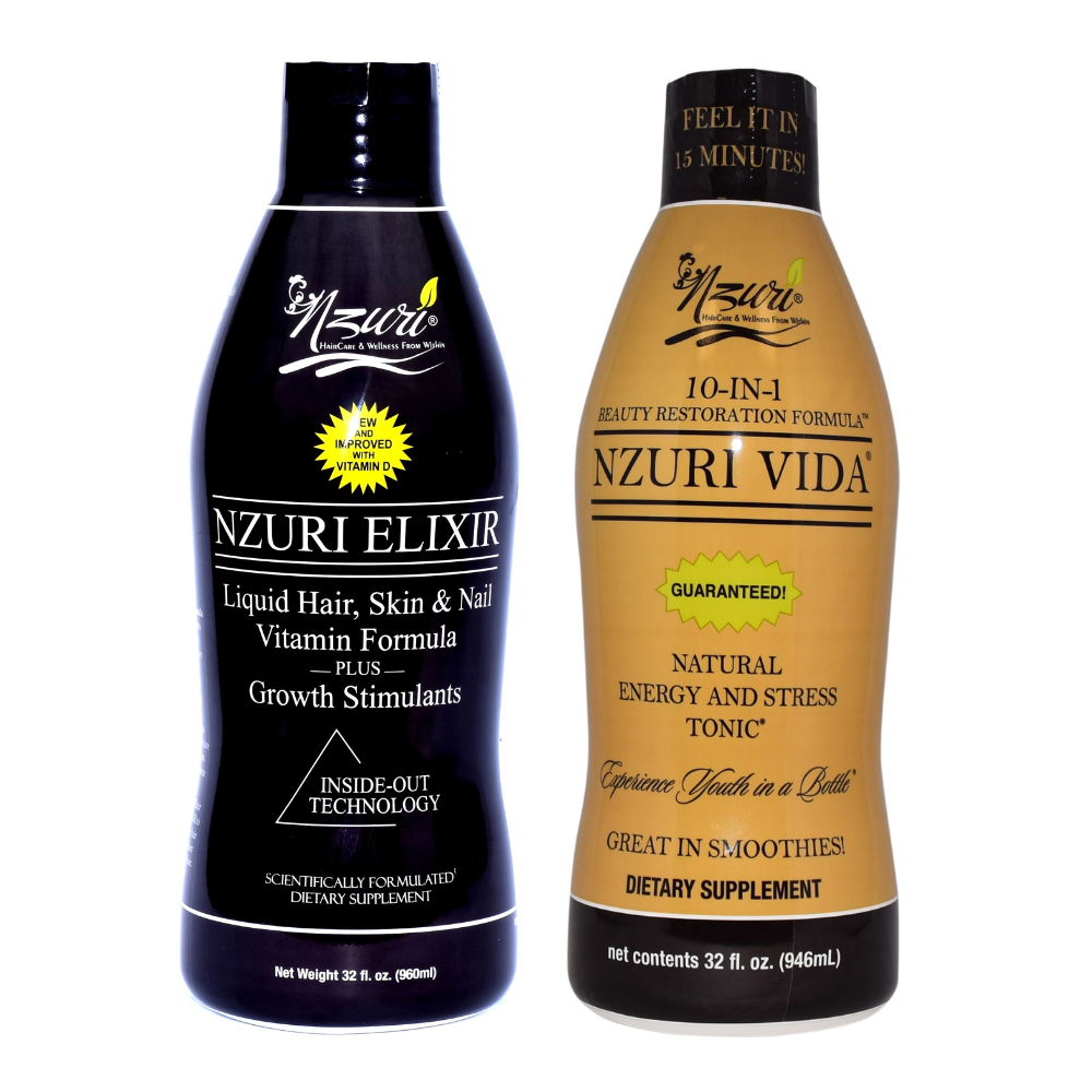 Nzuri Elixir Hair Vitamin & Nzuri Vida Energy and Stress Tonic Perfect Duo Double Pack (2 btls 1 each) 32 oz