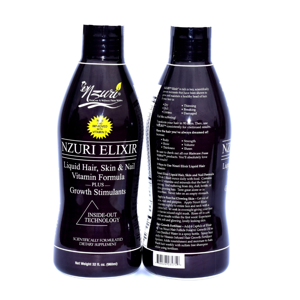 Nzuri Elixir Liquid Hair Skin & Nail Vitamin Plus Growth Stimulants with Vitamin D – 32 Oz 2 Bottles