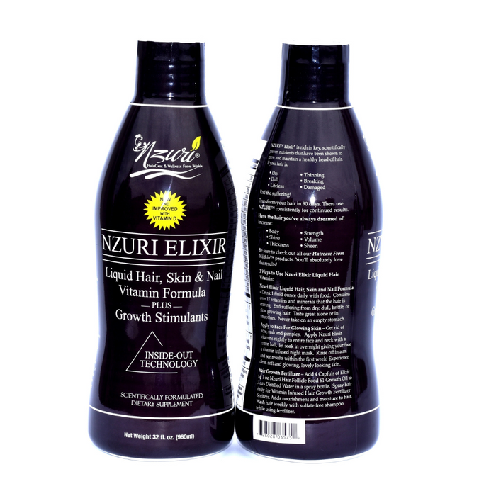 Nzuri Elixir Liquid Hair Skin & Nail Vitamin Plus Growth Stimulants with Vitamin D – 32 Oz 2 Bottles