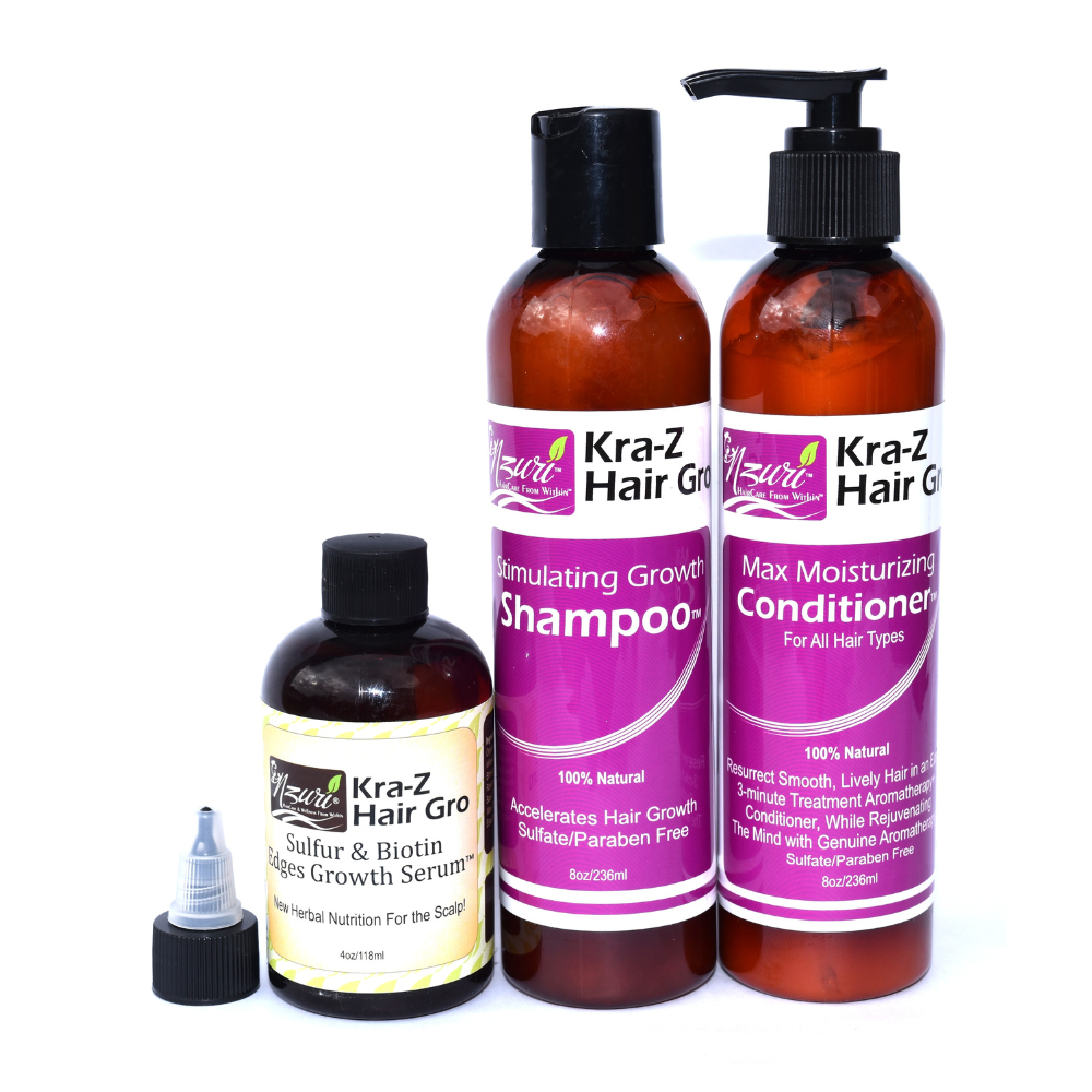 Nzuri Kra-Z Hair Gro Shampoo/Nzuri Kra- Z Hair Gro Conditioner Combo 8oz & Hair Follicle Food - 61 Ancient Miracle Hair Growth Oil 4 oz combo