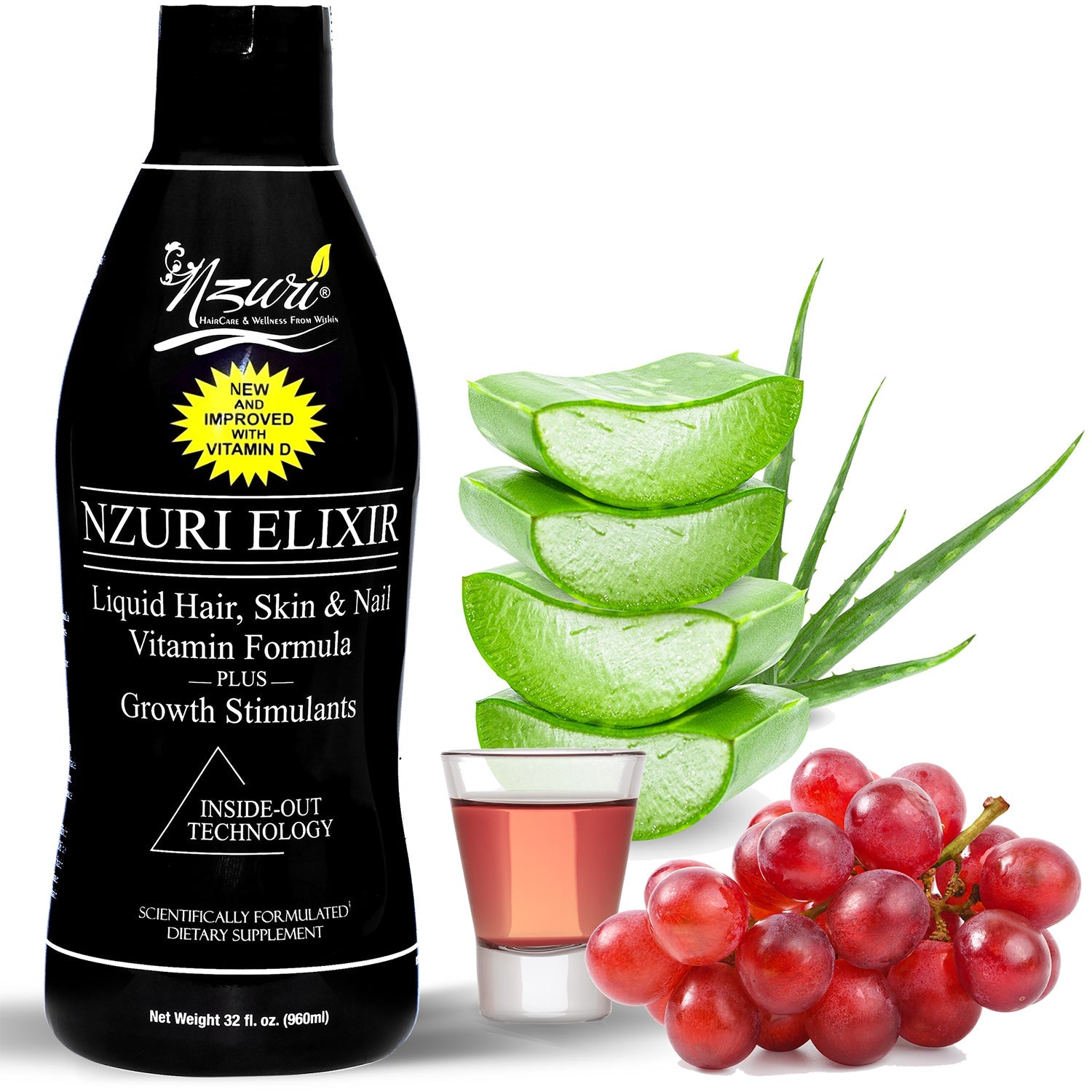 Nzuri Elixir - Liquid Hair Skin and Nail Vitamin Plus Growth Stimulants with Vitamin D - 32 Oz