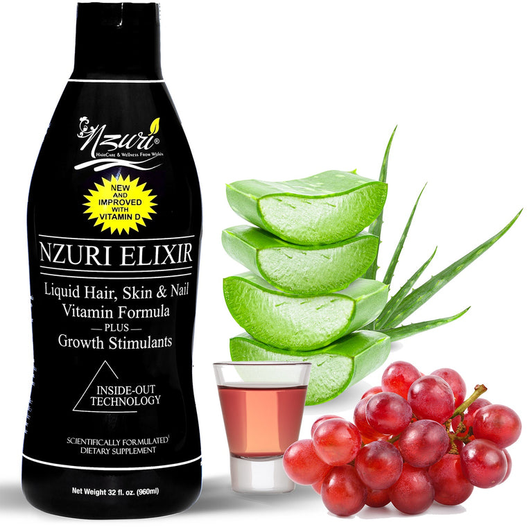 Nzuri Elixir - Liquid Hair Skin and Nail Vitamin Plus Growth Stimulants with Vitamin D - 32 Oz