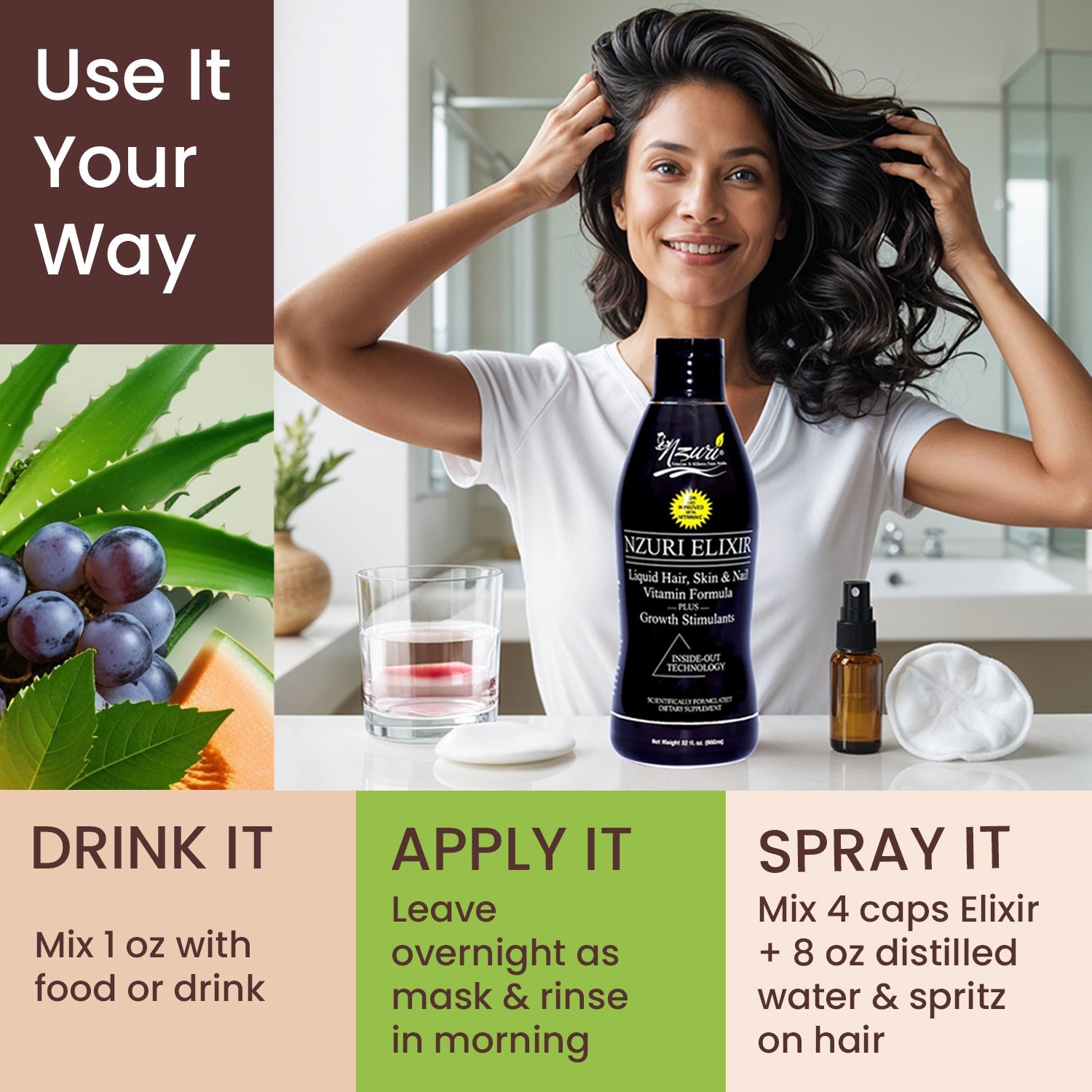 Nzuri Elixir - Liquid Hair Skin & Nail Vitamin Plus Growth Stimulants with Vitamin D-3 Bottles 32 Oz + Nzuri Elixir oil (Free)