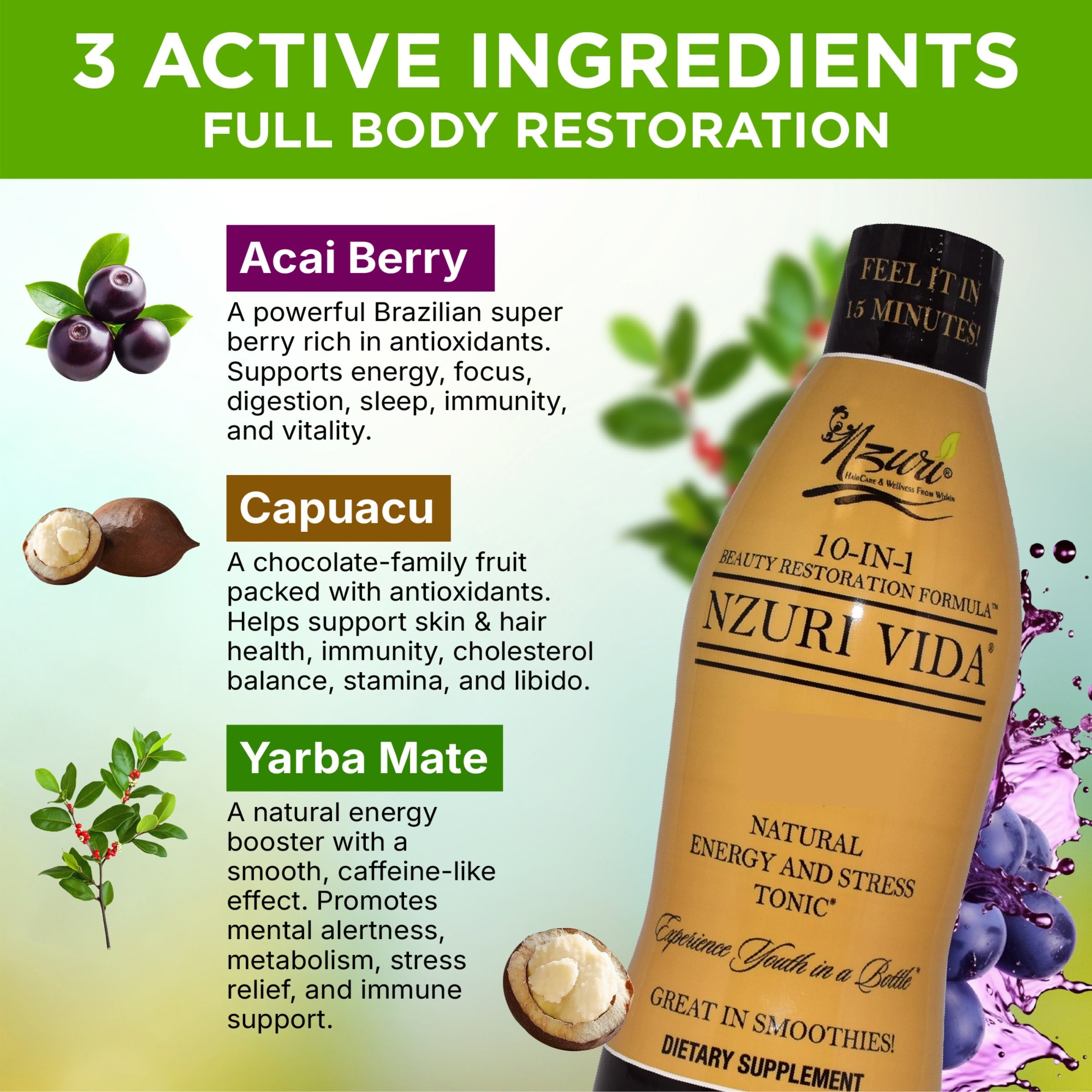 Nzuri Vida All Natural Energy and Stress Tonic (3 Bottles) 4oz