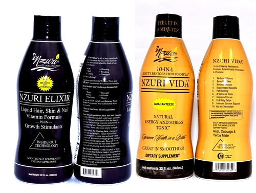 Nzuri Elixir Hair Vitamin & Nzuri Vida Energy and Stress Tonic Perfect Duo Double Pack (4 bottles 2 each) 32 oz